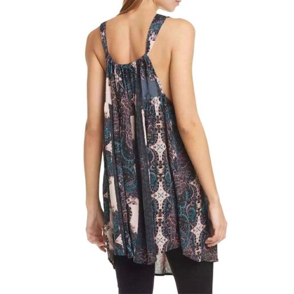 Free People Black Blue Print Count Me In Trapeze Sleeveless Tunic Size Small New - Picture 1 of 15